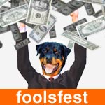 manifesto jamming "festa degli imbecilli" uomo con la faccia di un cane che butta all'aria un mucchio di soldi